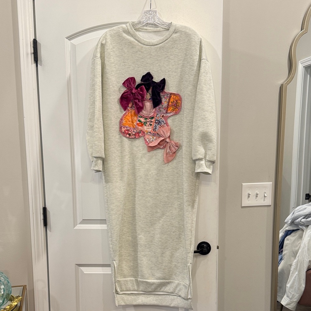Gray Dress with Colorful Bow and floral Accents